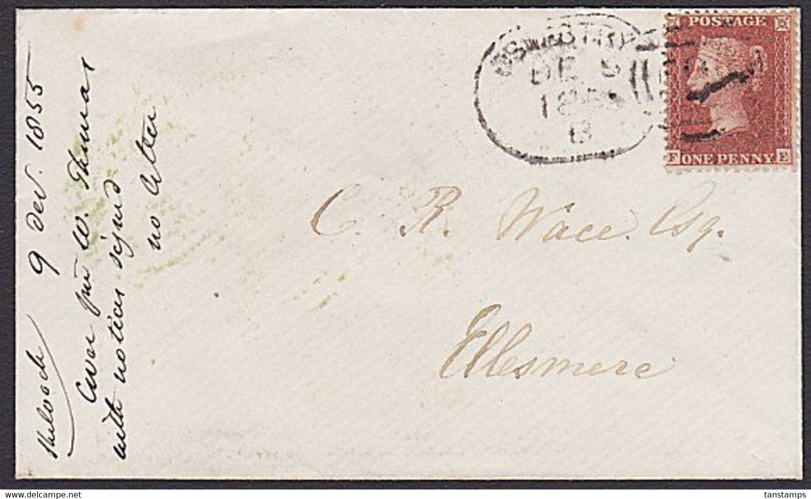 1855 OSWESTRY SPOON 1d STAR COVER TO ELLESMERE - Brieven En Documenten