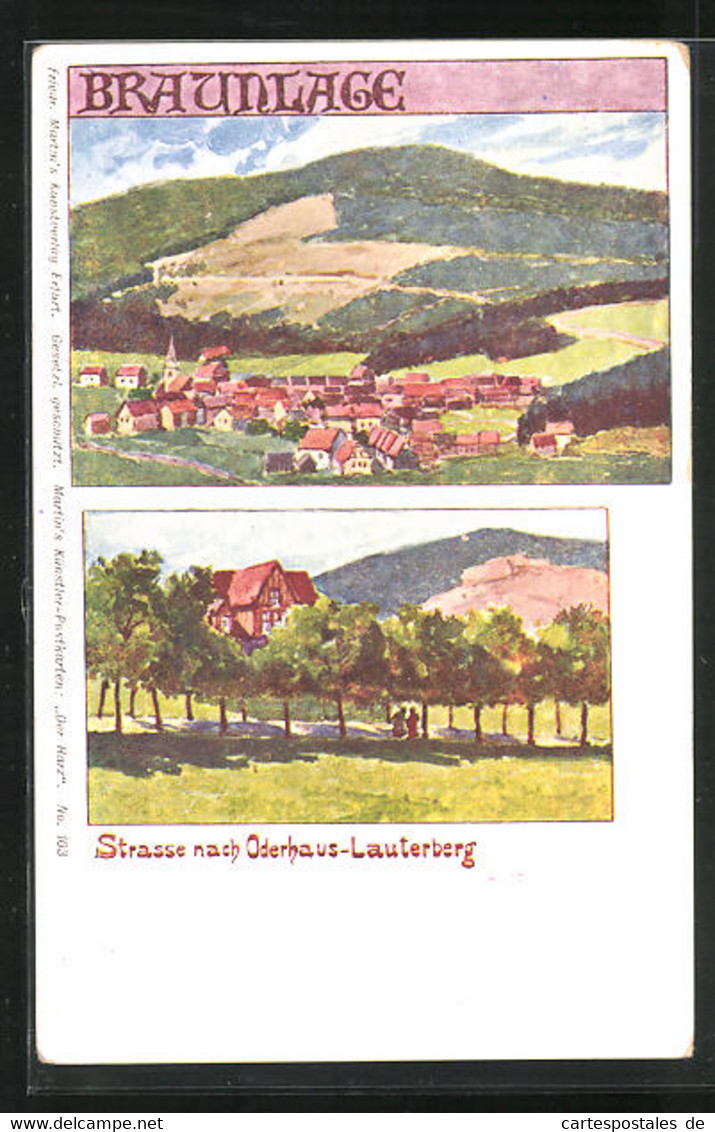 Künstler-AK Braunlage, Panorama Mit Gebirge, Strasse Nach Oderhaus-Lauterberg - Bad Lauterberg