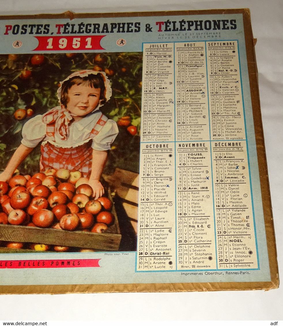 1951 CALENDRIER ALMANACH DES PTT, LES BELLES POMMES, OBERTHUR, ARDENNES 08 - Formato Grande : 1941-60