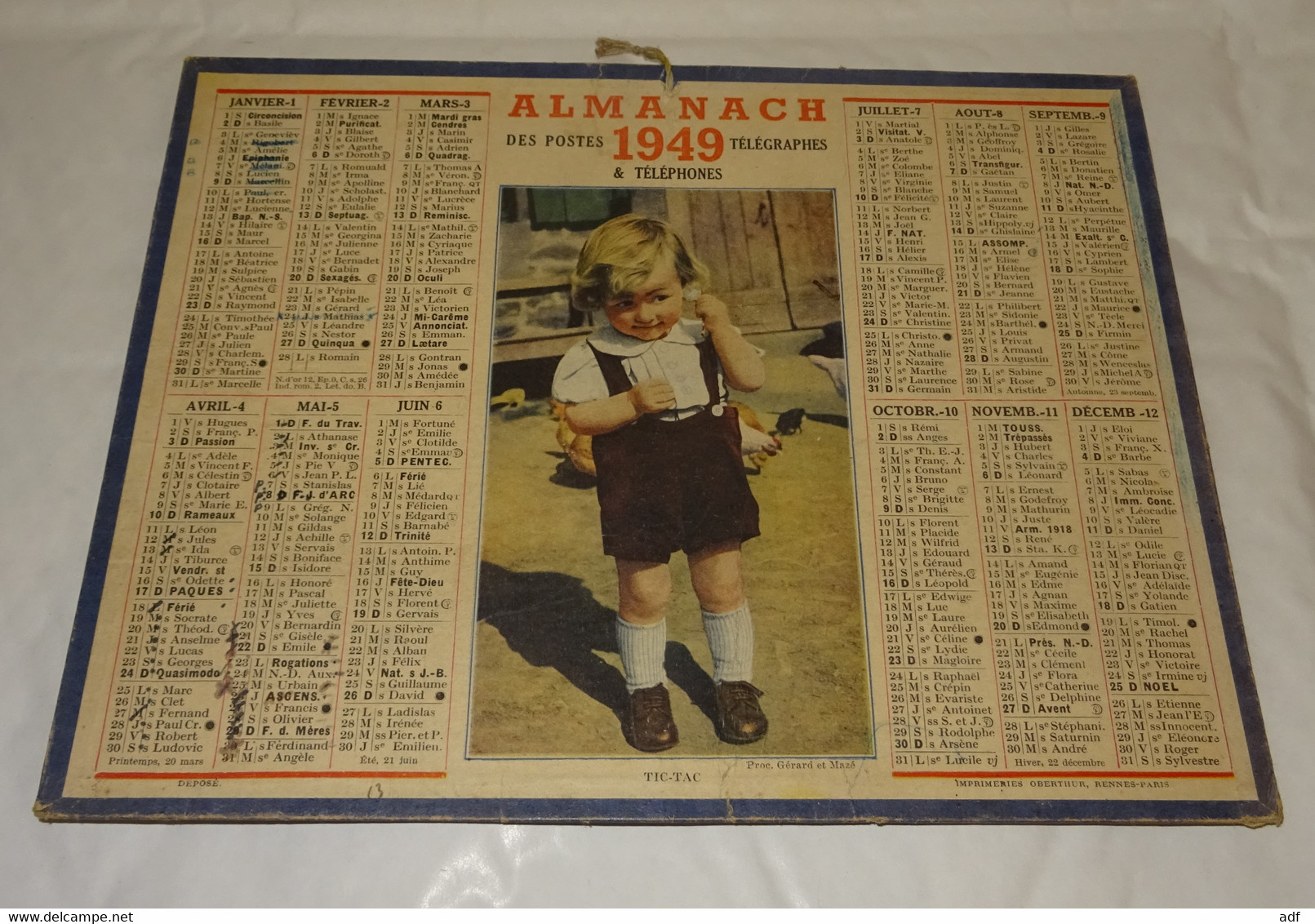 1949 CALENDRIER ALMANACH DES PTT, TIC TAC, FILLETTE TENANT UNE MONTRE PRES DE SON OREILLE, OBERTHUR, MEUSE 55 - Big : 1941-60