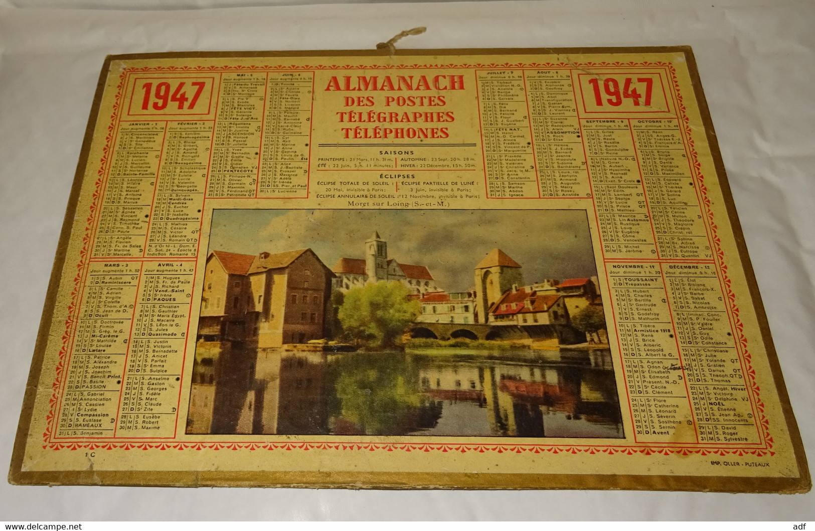 1947 CALENDRIER ALMANACH DES PTT, MORET SUR LOING, OLLER, MARNE 51 - Formato Grande : 1941-60