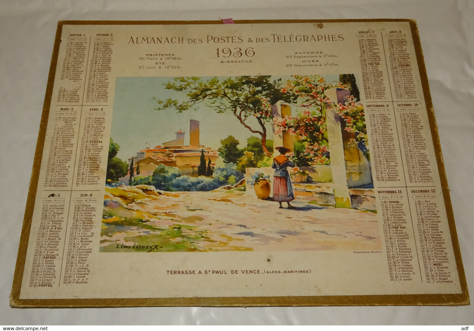 1936 ANNEE BISSEXTILE CALENDRIER ALMANACH DES PTT, TERRASSE A ST PAUL SUR VENCE ( ALPES MARITIMES ), OBERTHUR - Tamaño Grande : 1921-40