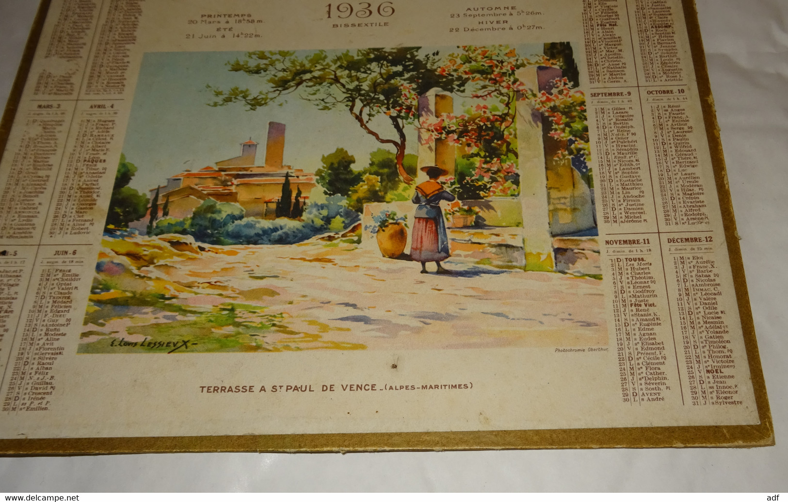 1936 ANNEE BISSEXTILE CALENDRIER ALMANACH DES PTT, TERRASSE A ST PAUL SUR VENCE ( ALPES MARITIMES ), OBERTHUR - Grand Format : 1921-40