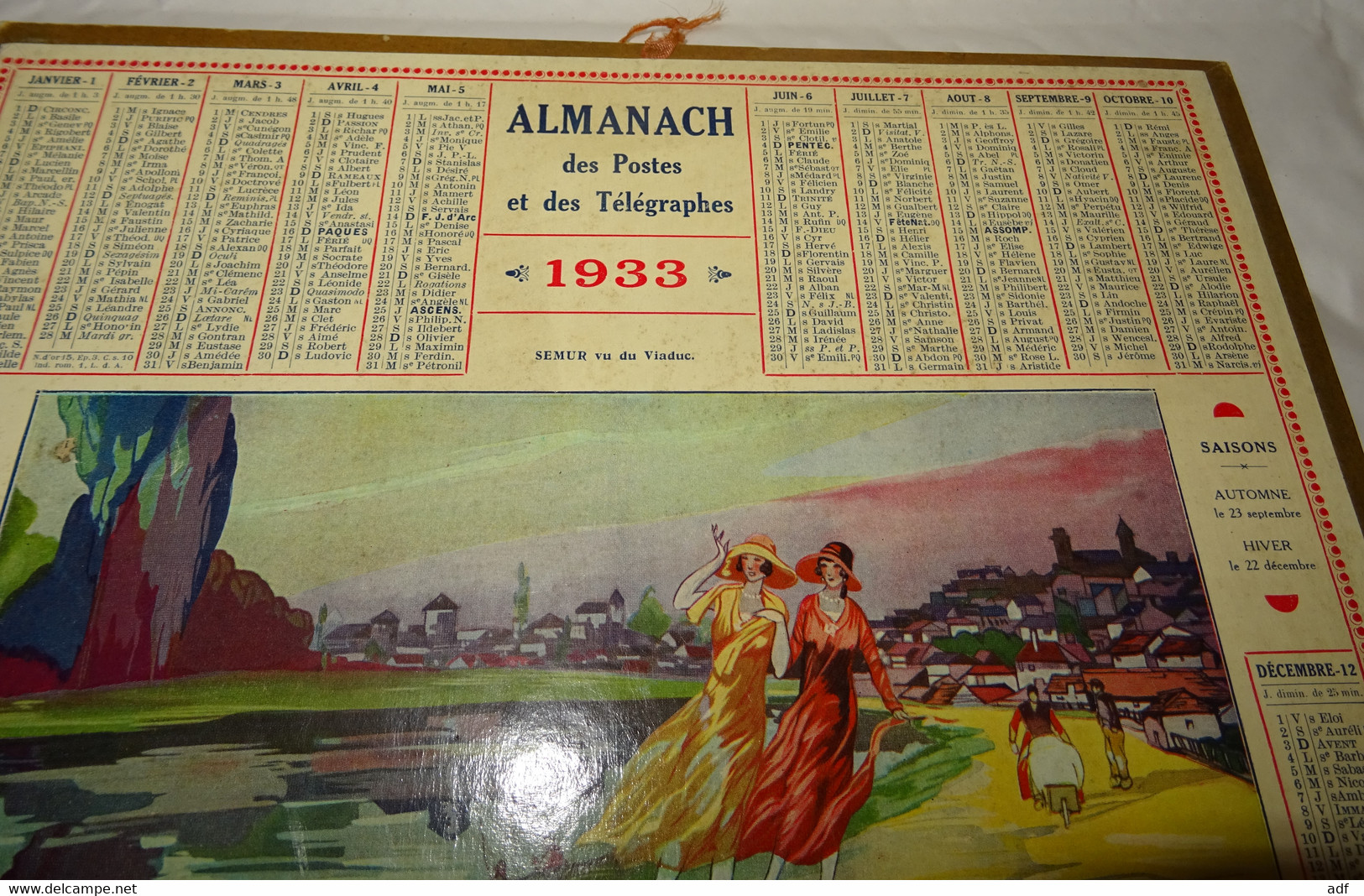 1933 CALENDRIER ALMANACH DES PTT, ILLUSTRATION SEMUR VU DU VIADUC, OBERTHUR, MARNE 51 - Tamaño Grande : 1921-40