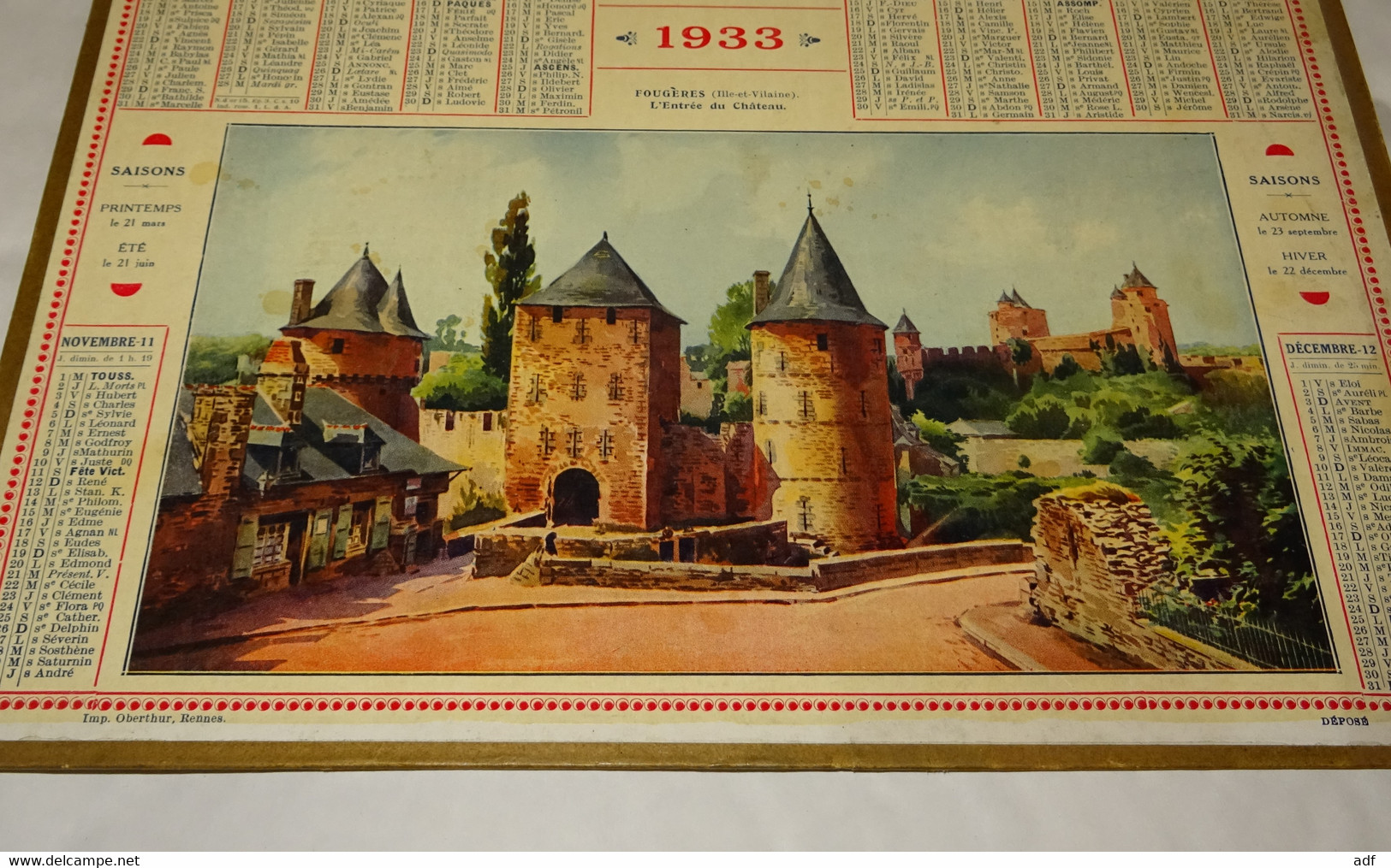 1933 CALENDRIER ALMANACH DES PTT, ILLUSTRATION FOUGERES, L'ENTREE DU CHATEAU, OBERTHUR, MARNE 51 - Formato Grande : 1921-40