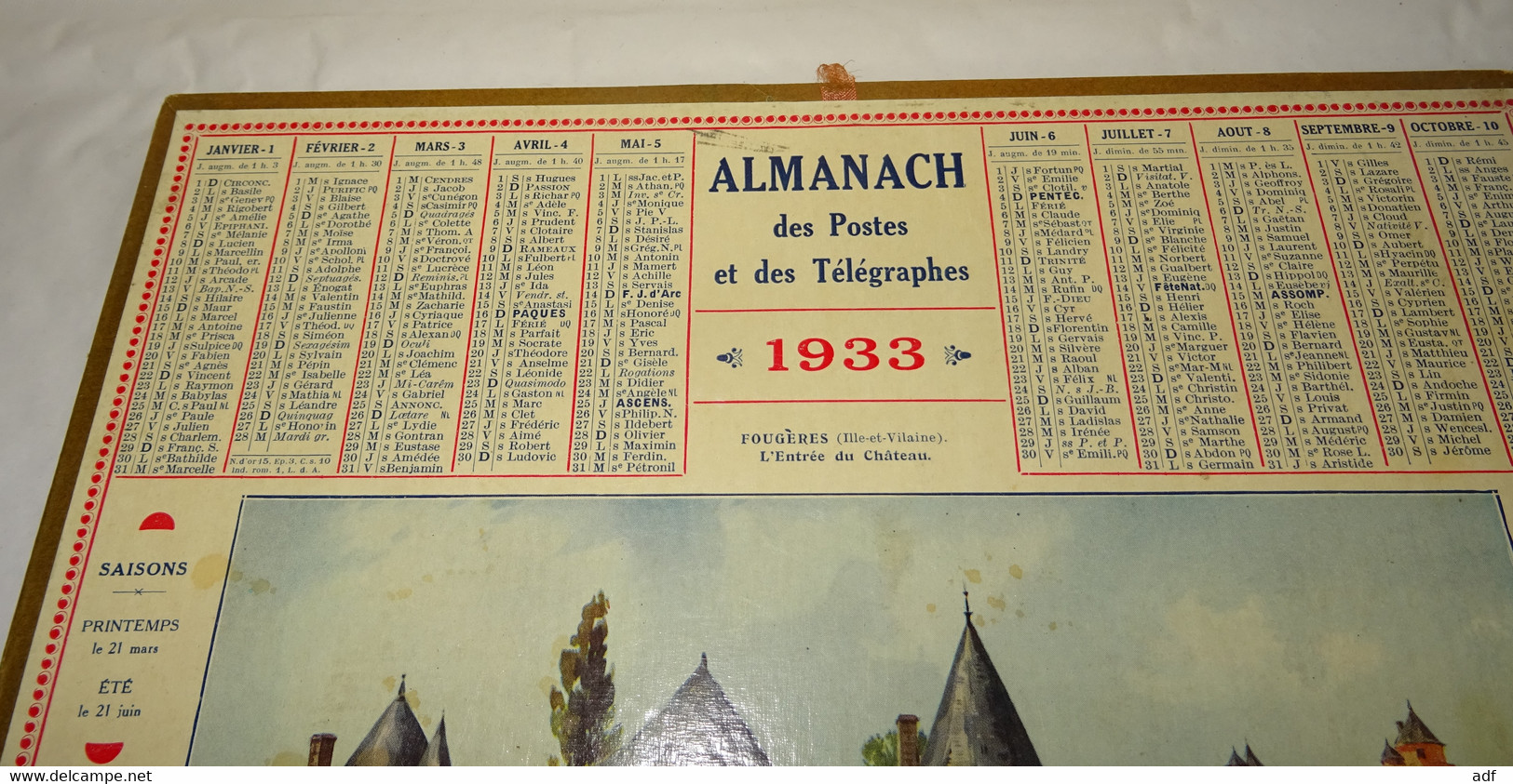 1933 CALENDRIER ALMANACH DES PTT, ILLUSTRATION FOUGERES, L'ENTREE DU CHATEAU, OBERTHUR, MARNE 51 - Tamaño Grande : 1921-40