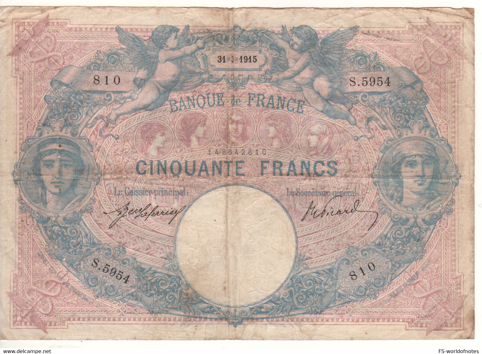 FRANCE   50  Francs   P64     ( Angels + Allegorical Figures )    Dated 31-3-1915 - 50 F 1889-1927 ''Bleu Et Rose''