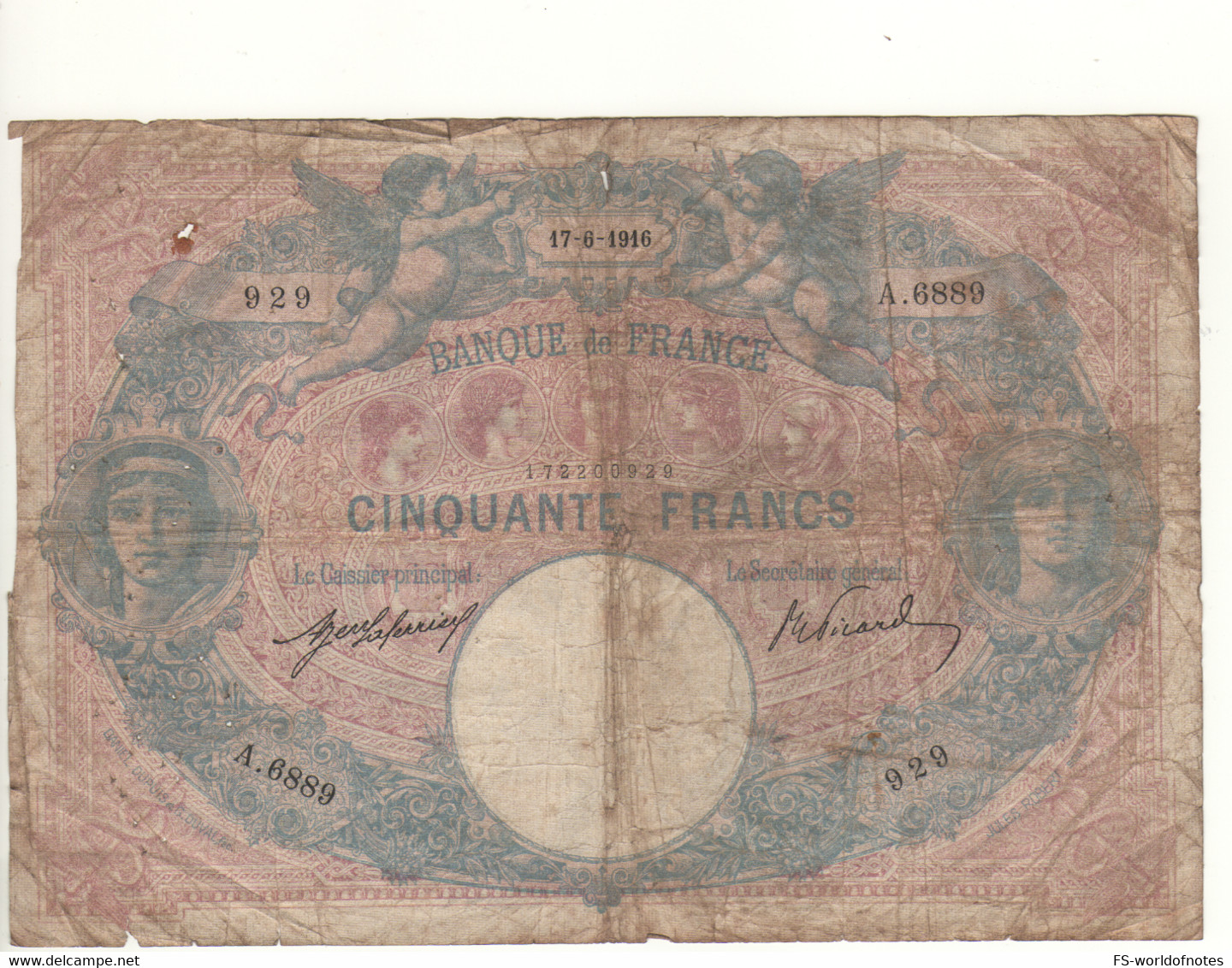 FRANCE   50  Francs   P64     ( Angels + Allegorical Figures )    Dated 17-6-1916 - 50 F 1889-1927 ''Bleu Et Rose''