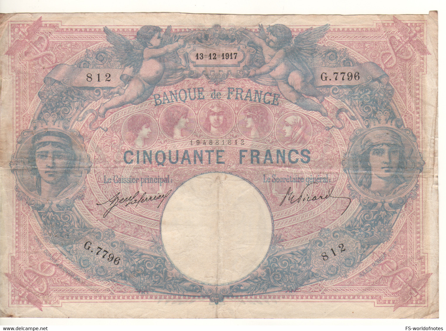 FRANCE   50  Francs   P64     ( Angels + Allegorical Figures )    Dated 13-12-1917 - 50 F 1889-1927 ''Bleu Et Rose''