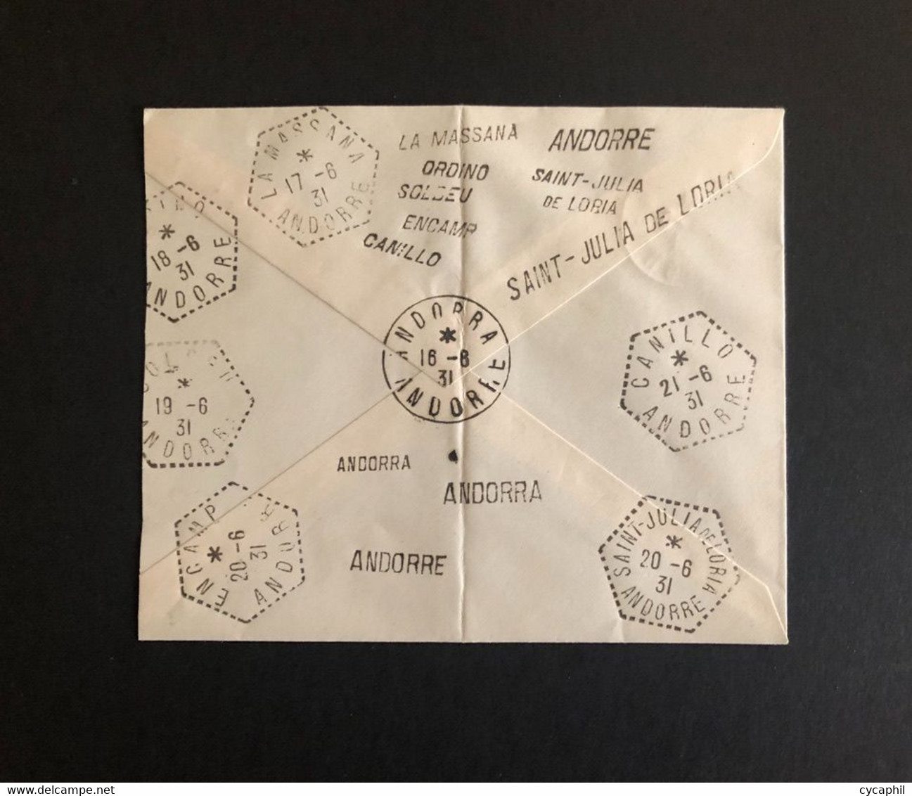 Lettre Témoin, CAD Hex. Pointillé"St Julia..." (16.8.31), Timbre Taxe N°8 OBL  ANDORRE..., Verso Tous Les CAD Et Griffes - Briefe U. Dokumente