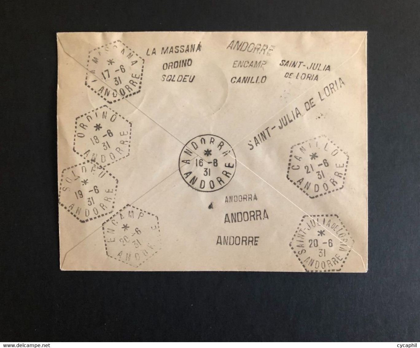 Lettre Témoin, CAD Hex."St Julia..." (16.8.31), Andorre N°5x2+11, OBL  ANDORRE..., Verso Tous Les CAD Et Griffes D'usage - Lettres & Documents