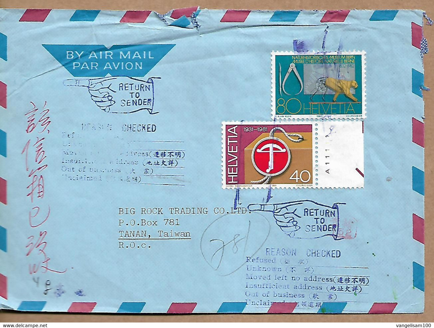 SWITZERLAND Cover Sent To Taiwan And RETURN TO SENDER 2 Stamps COVER USED - Storia Postale