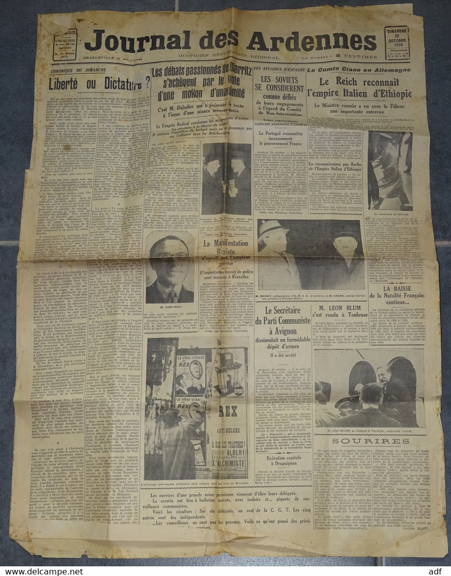 " JOURNAL DES ARDENNES " QUOTIDIEN REPUBLICAIN REGIONAL, REICH EMPIRE ETHIOPIE, LEON BLUM, PUB PEUGEOT 302 ET 402, 1936 - General Issues