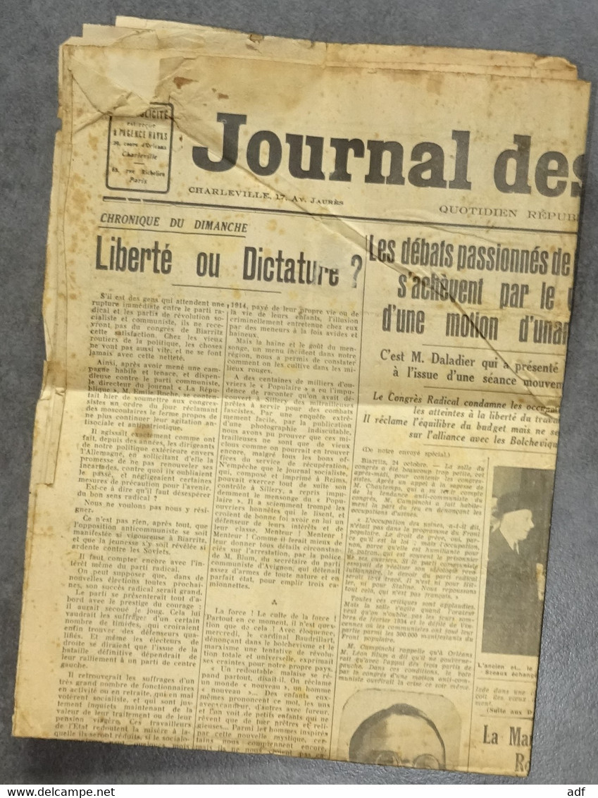 " JOURNAL DES ARDENNES " QUOTIDIEN REPUBLICAIN REGIONAL, REICH EMPIRE ETHIOPIE, LEON BLUM, PUB PEUGEOT 302 ET 402, 1936