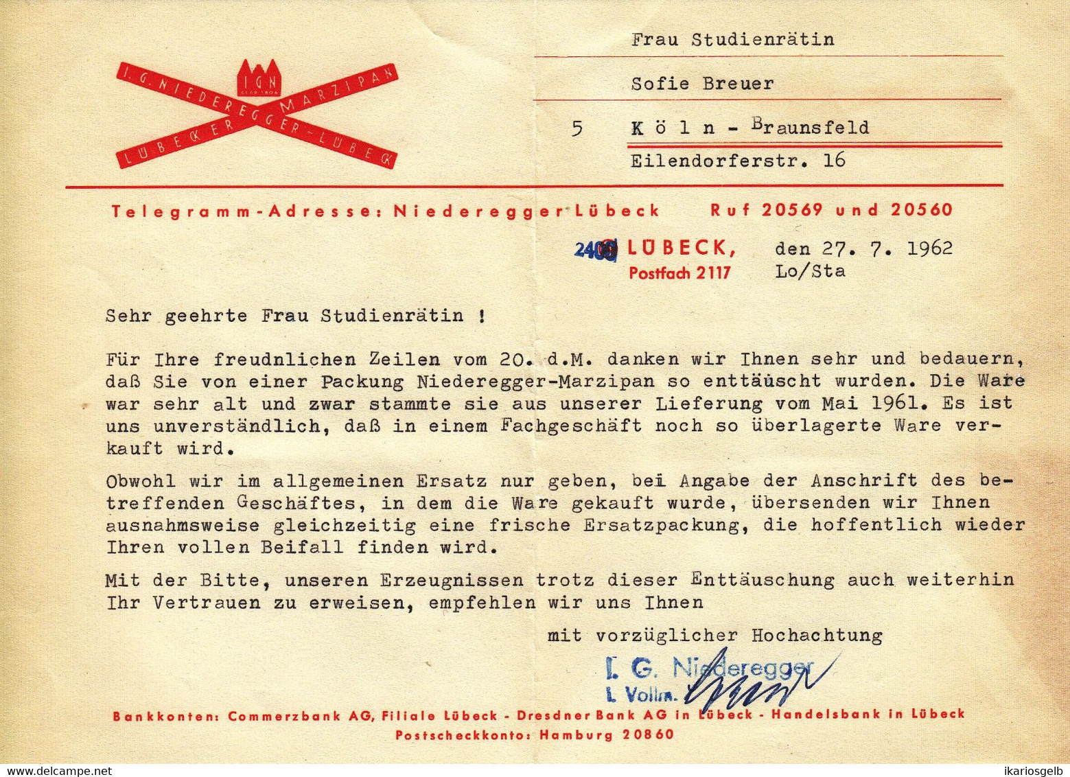 Lübeck 1962 Deko Farbige Rechnung " Niederegger Marzipan " - Lebensmittel