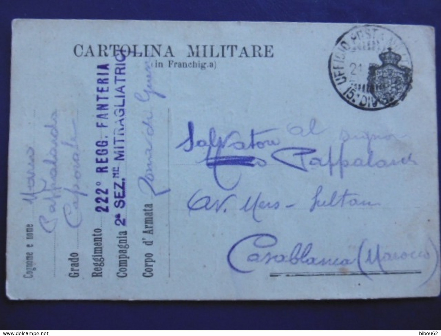 Carte Franchise Militaire ITALIENNE -CARTOLINA Militare In FRANCHIGIA - 222e Regg FANTERIA - 1914 - 1918 - - Cartas & Documentos