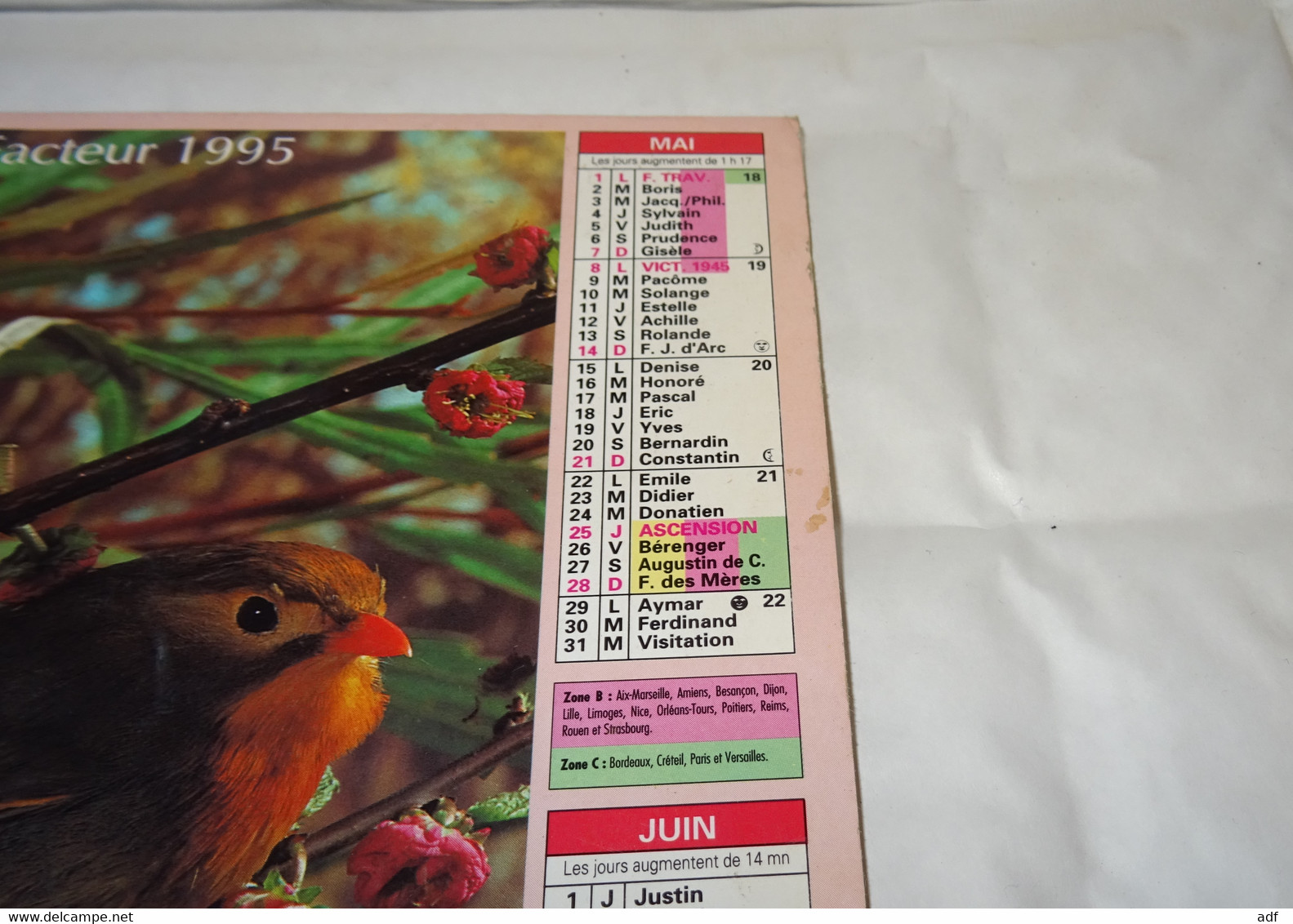 1995 CALENDRIER ( Double ) ALMANACH DU FACTEUR, LA POSTE, ROUGE GORGE, ROSSIGNOLS DU JAPON, OBERTHUR, MARNE 51 - Formato Grande : 1991-00