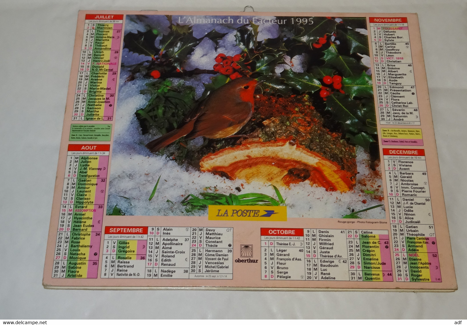 1995 CALENDRIER ( Double ) ALMANACH DU FACTEUR, LA POSTE, ROUGE GORGE, ROSSIGNOLS DU JAPON, OBERTHUR, MARNE 51 - Groot Formaat: 1991-00