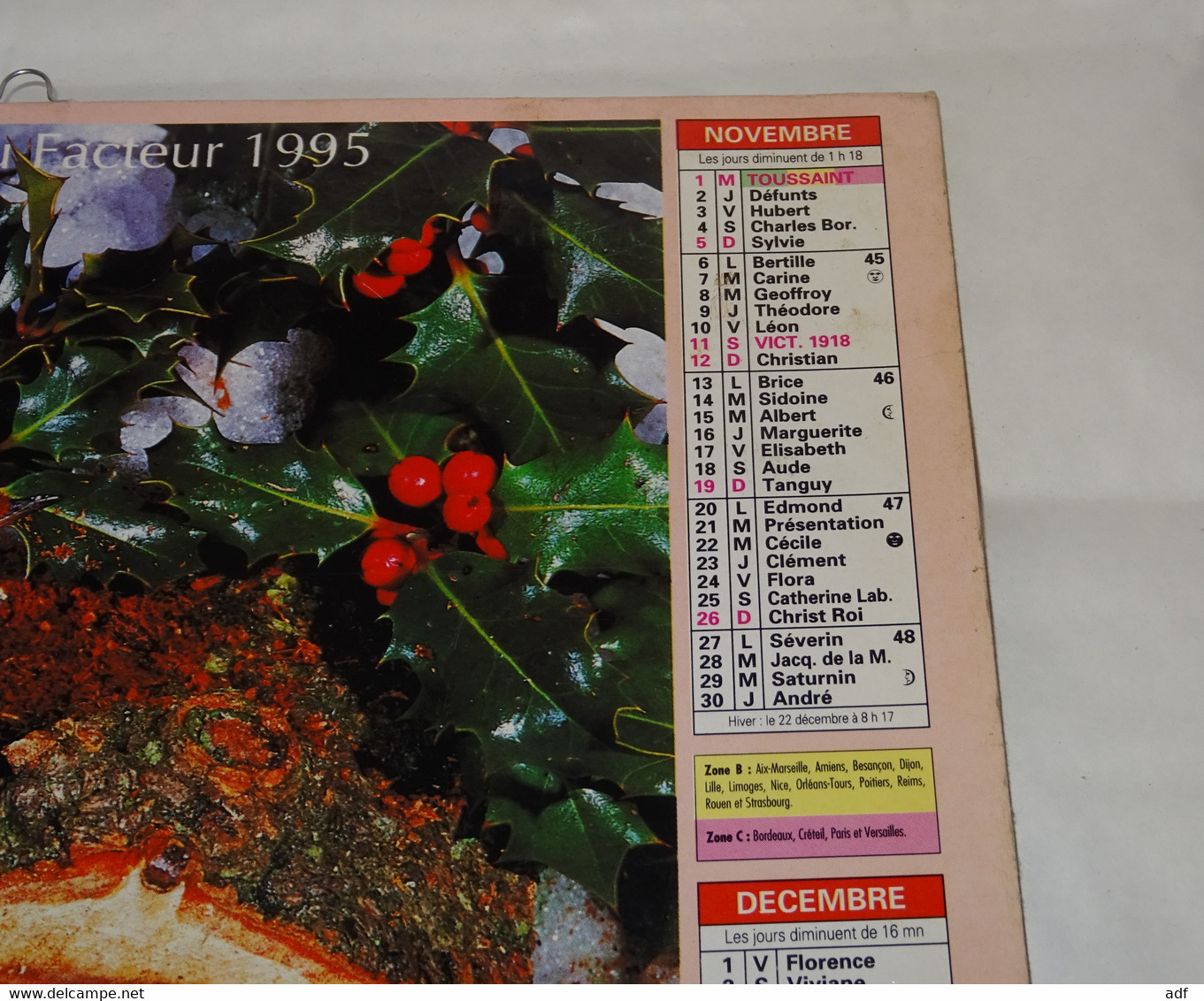 1995 CALENDRIER ( double ) ALMANACH DU FACTEUR, LA POSTE, ROUGE GORGE, ROSSIGNOLS DU JAPON, OBERTHUR, MARNE 51