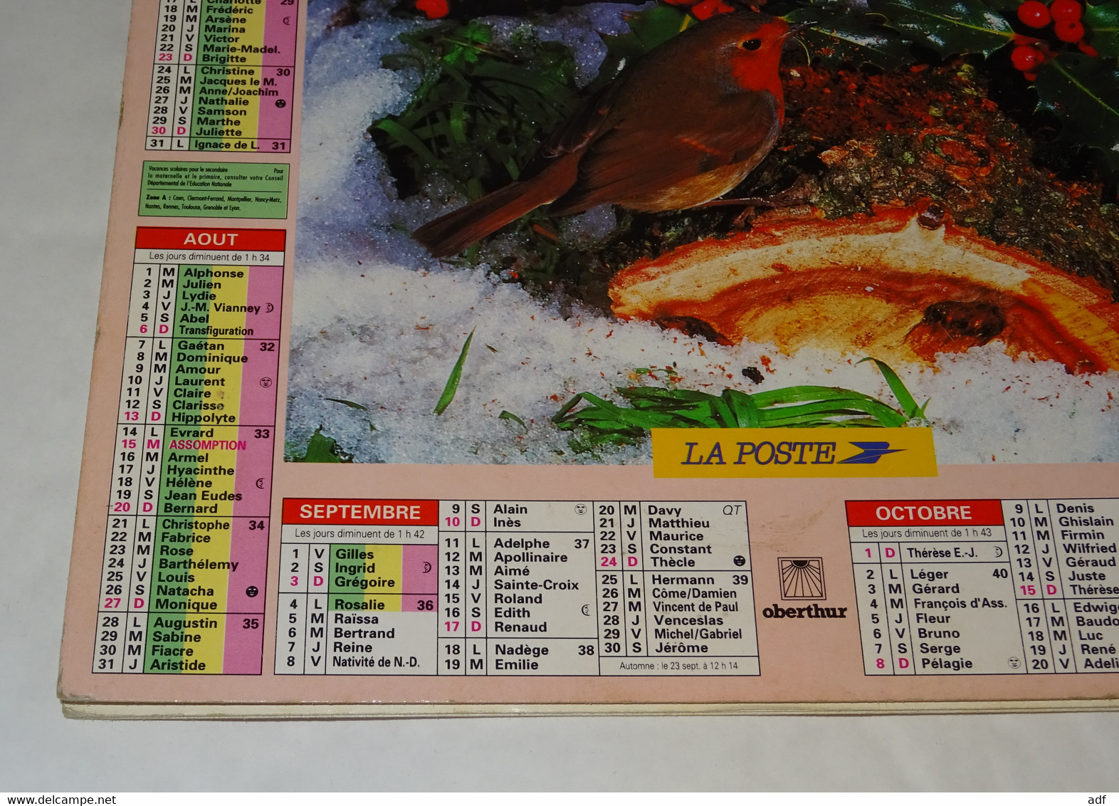 1995 CALENDRIER ( double ) ALMANACH DU FACTEUR, LA POSTE, ROUGE GORGE, ROSSIGNOLS DU JAPON, OBERTHUR, MARNE 51