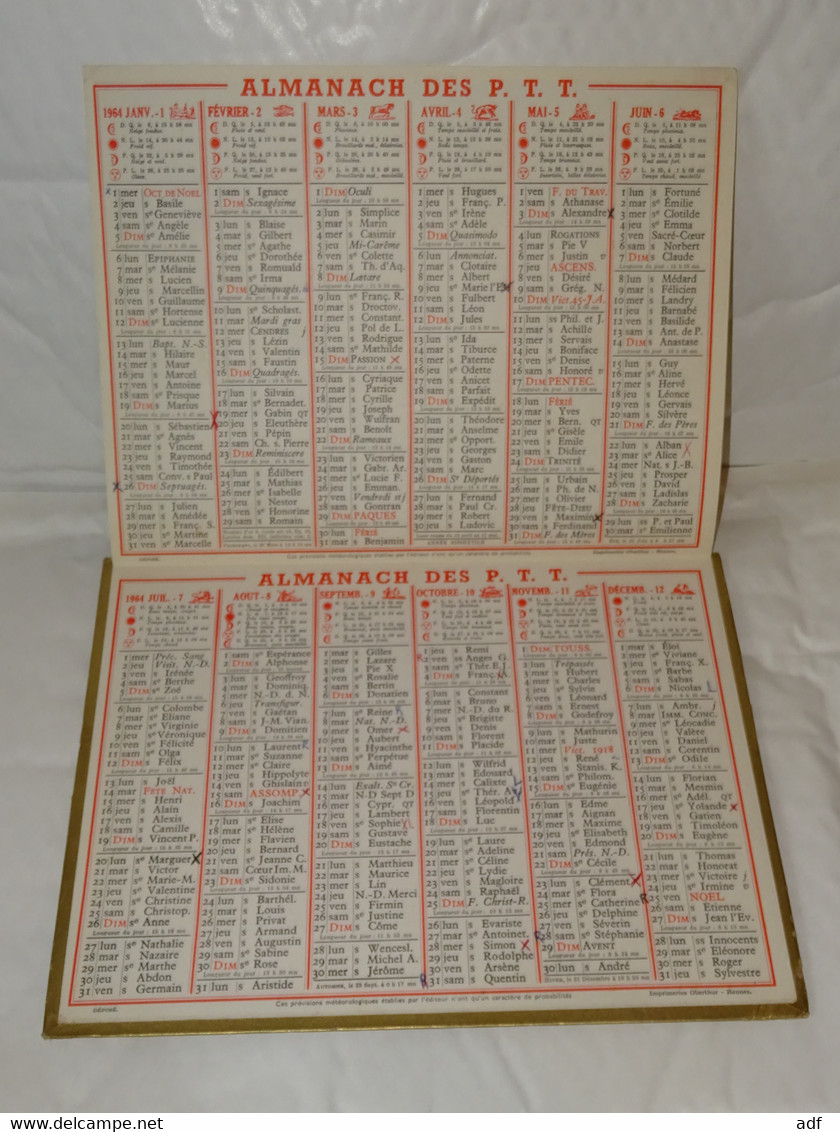 1964 ANNEE BISSEXTILE CALENDRIER ALMANACH DES PTT, PORT DE CALVI EN CORSE, OBERTHUR, ARDENNES 08 - Big : 1961-70