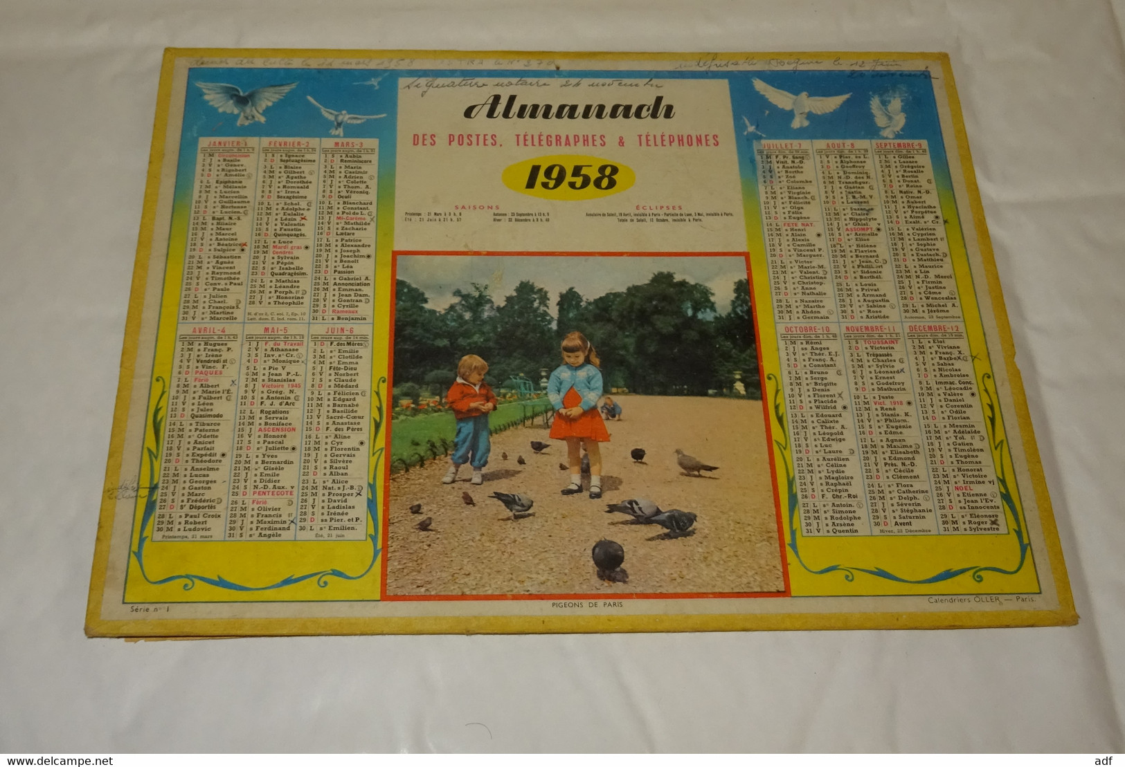 1958 CALENDRIER ALMANACH DES PTT, ENFANTS ET PIGEONS DE PARIS, OLLER, MARNE 51 - Groot Formaat: 1941-60