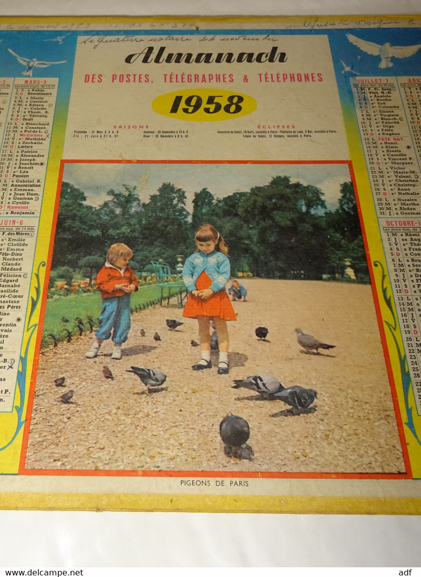 1958 CALENDRIER ALMANACH DES PTT, ENFANTS ET PIGEONS DE PARIS, OLLER, MARNE 51 - Groot Formaat: 1941-60