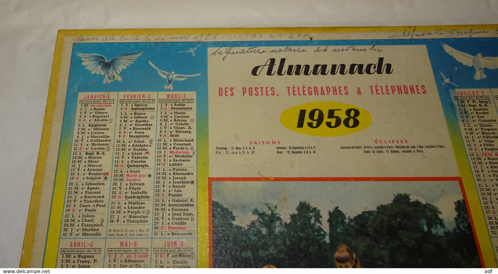 1958 CALENDRIER ALMANACH DES PTT, ENFANTS ET PIGEONS DE PARIS, OLLER, MARNE 51 - Tamaño Grande : 1941-60