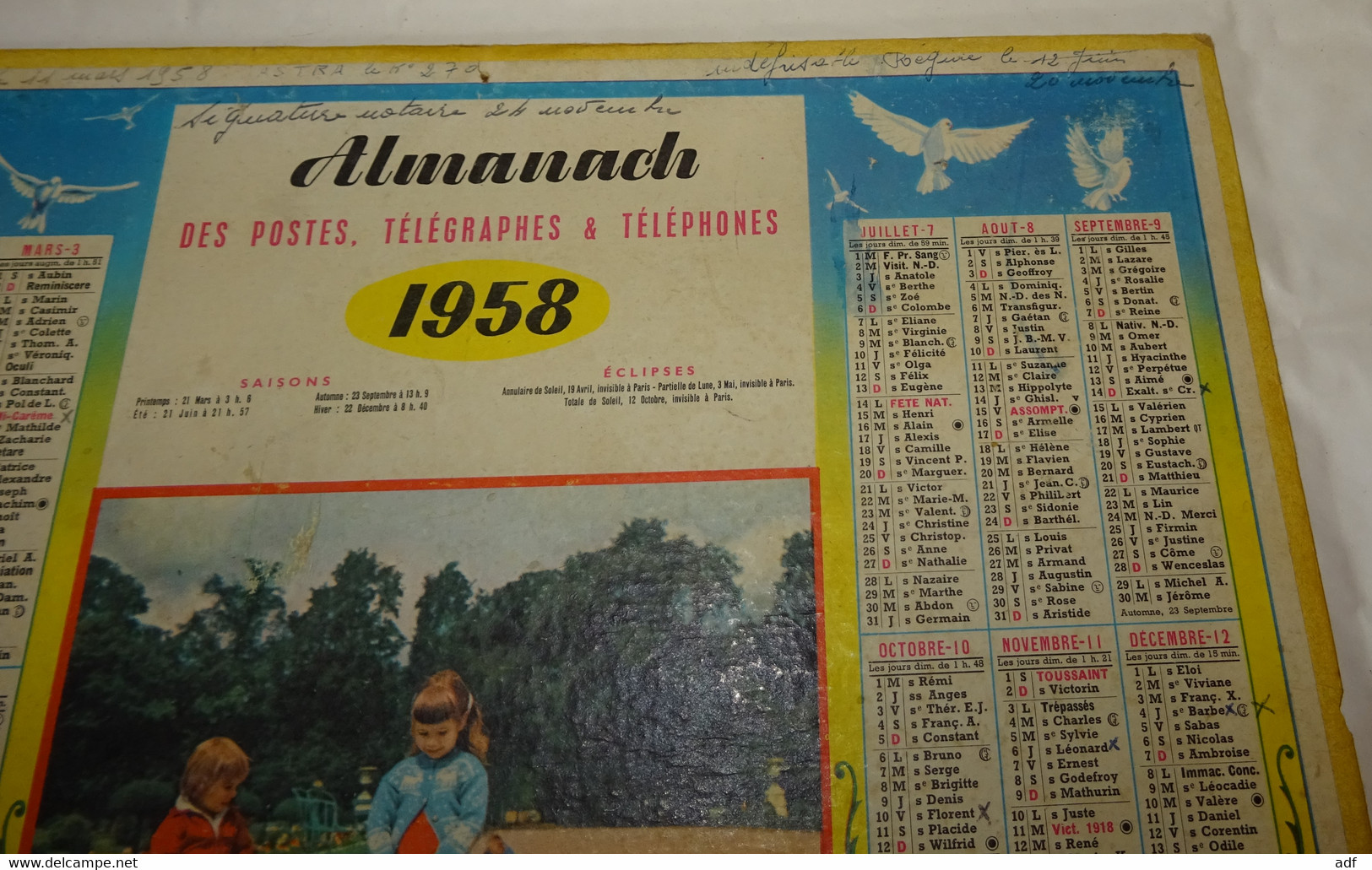 1958 CALENDRIER ALMANACH DES PTT, ENFANTS ET PIGEONS DE PARIS, OLLER, MARNE 51 - Tamaño Grande : 1941-60