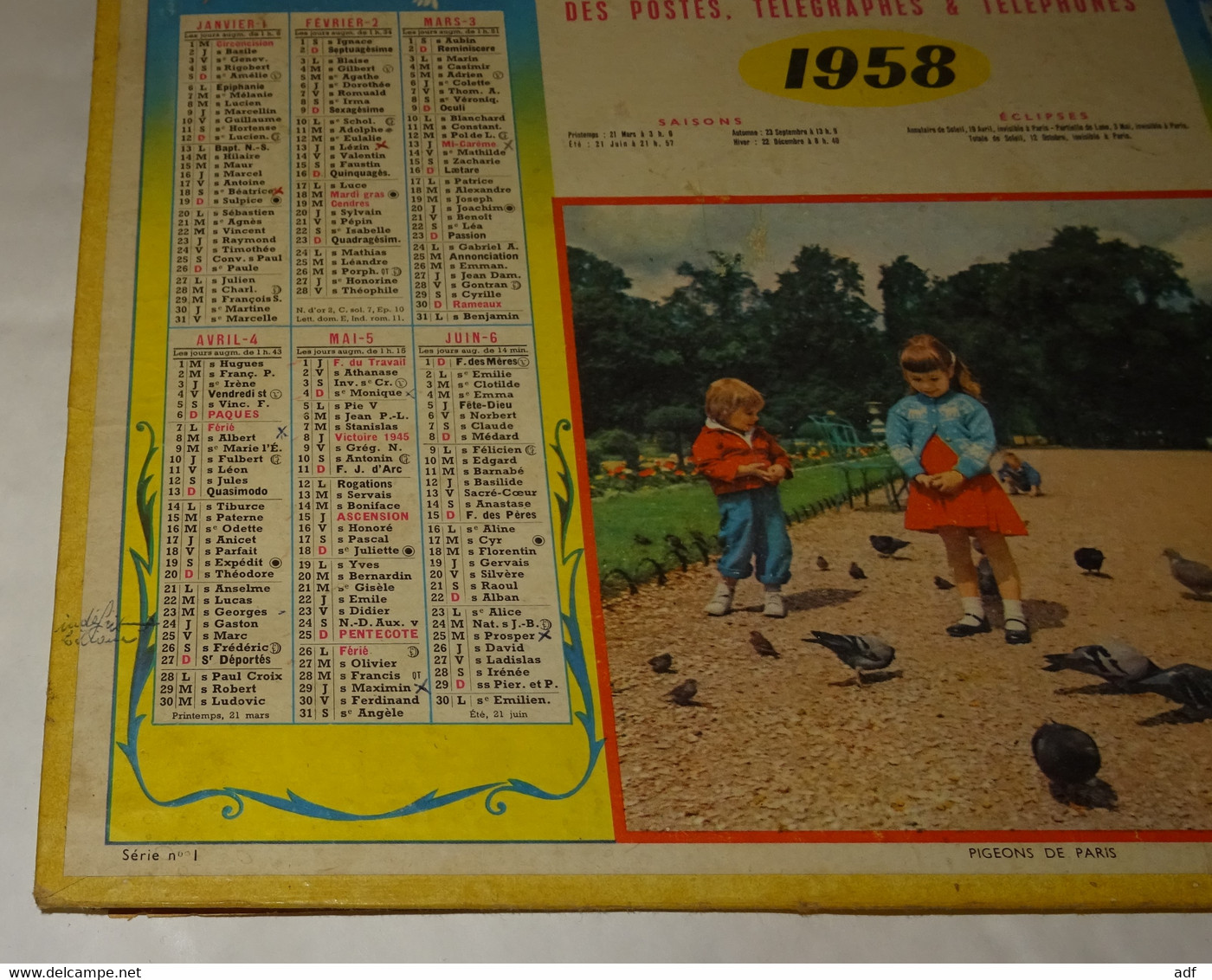 1958 CALENDRIER ALMANACH DES PTT, ENFANTS ET PIGEONS DE PARIS, OLLER, MARNE 51 - Grand Format : 1941-60