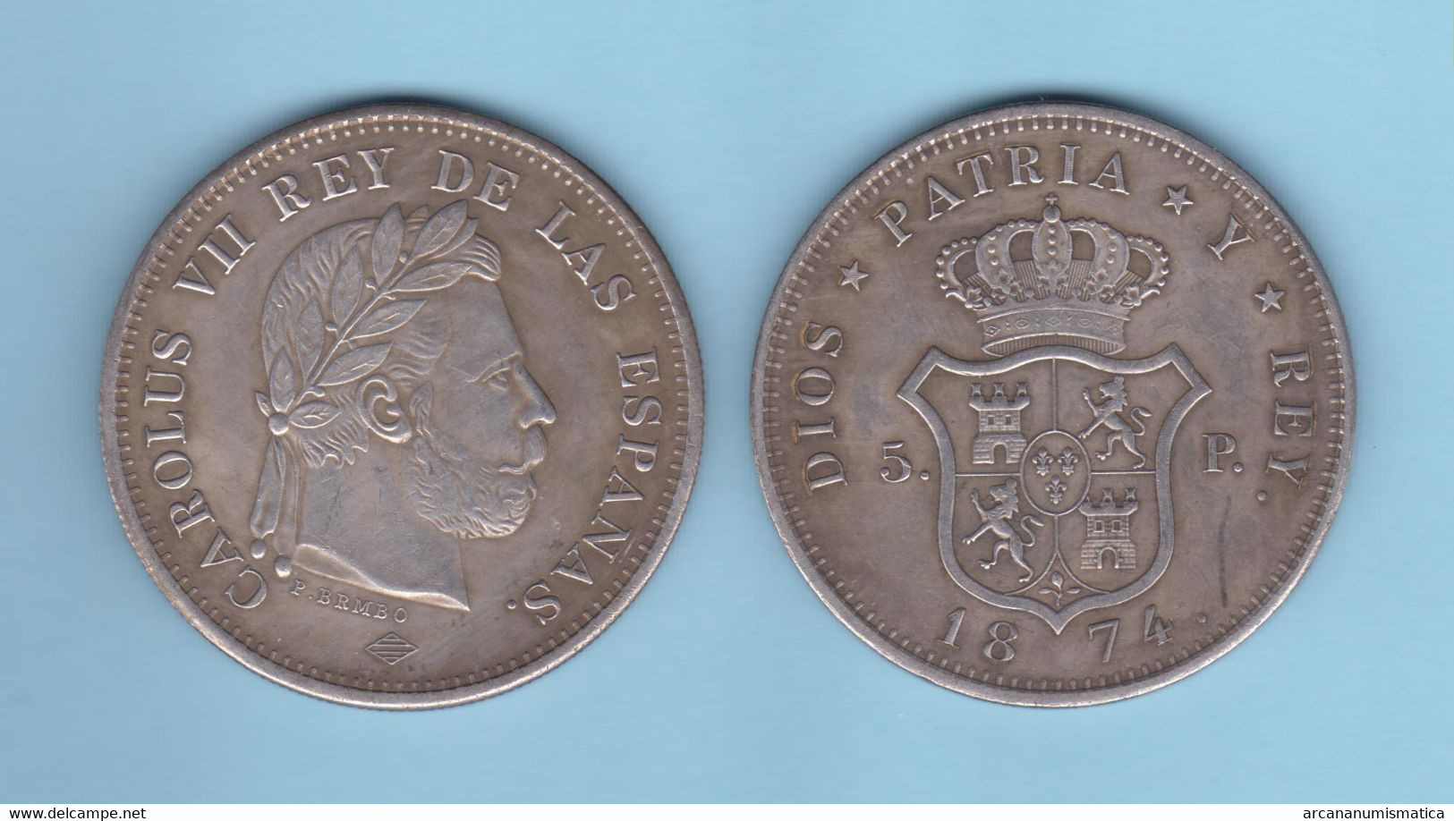 CARLOS VII  5  PESETAS  1.874 Ceca Bélgica Plata  (TIPO 2)  Réplica T-DL-12.760 - Monedas Provinciales