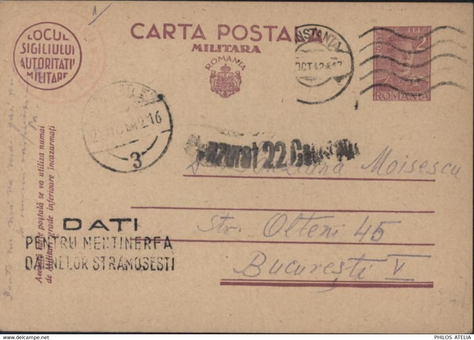 Guerre 39 45 Entier Roi Michel 2 Lei Carta Postale Militara Cachet Dati Pentru Mentinerfa Dainelor Stramosesti Censure - 2de Wereldoorlog (Brieven)