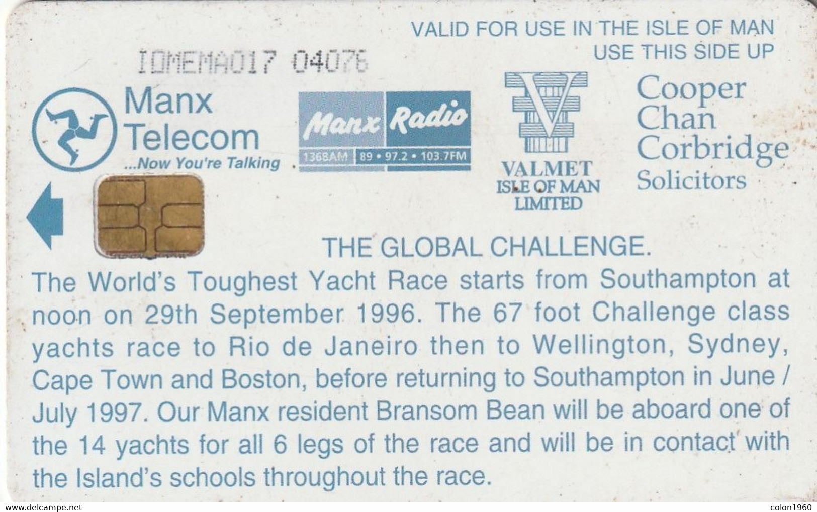 ISLE OF MAN. Global Challenge Yacht Race. 1996-01. 5000 Ex. IM-TEL-0111. (024). - Île De Man