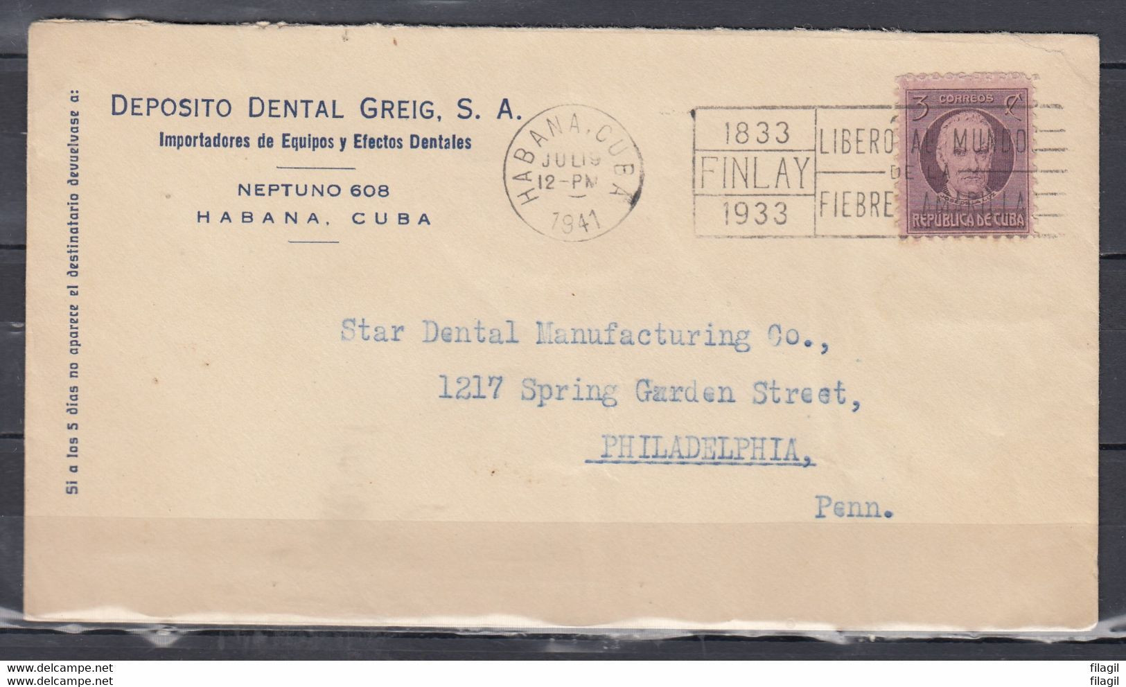 Brief Van Habana Cuba Naar Philadelphia Libero Al Mundo De La Fiebre America - Storia Postale
