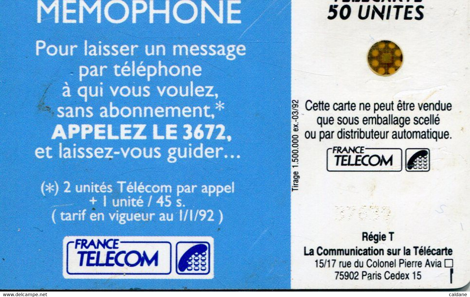 TELECARTE  France Telecom 50 UNITES.  .1500.000.  EX. - Opérateurs Télécom