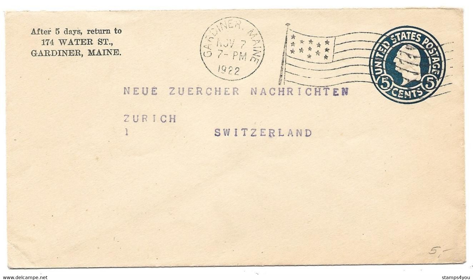 96 - 20 - Entier Postal Envoyé De Gardiner En Suisse 1922 - 1921-40