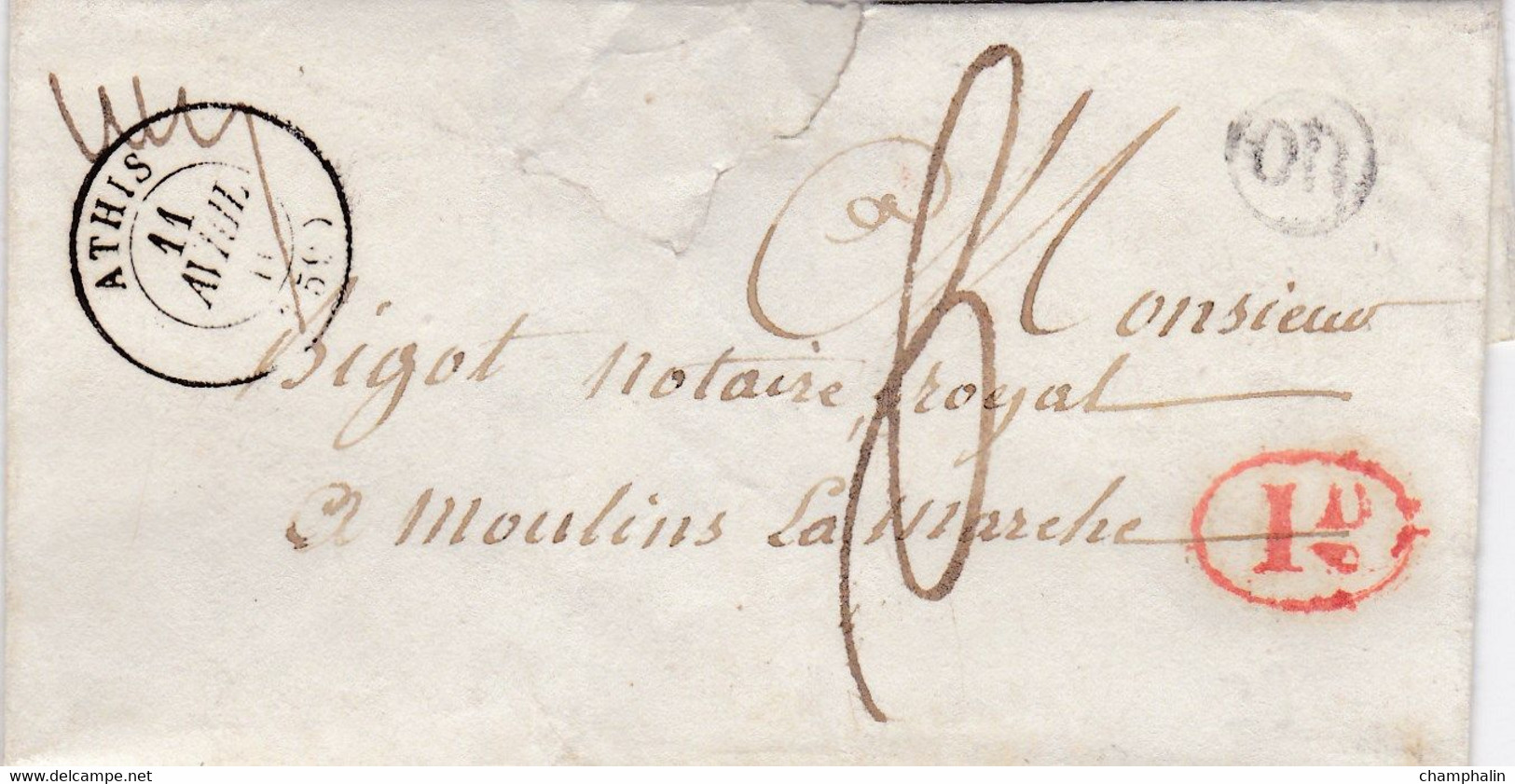 PSC De Athis (de-l'Orne - 61) Pour Moulins-la-Marche (61) - 11 Avril 1840 - CAD 13 & 15 Alençon - TM 6 -  Cachet OR + 1D - 1801-1848: Précurseurs XIX