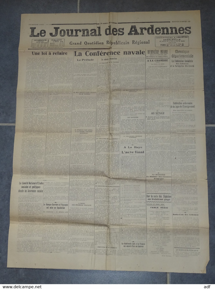 " LE JOURNAL DES ARDENNES " N° 3355, GRAND QUOTIDIEN REPUBLICAIN REGIONAL 22 JANVIER 1930 - Informations Générales