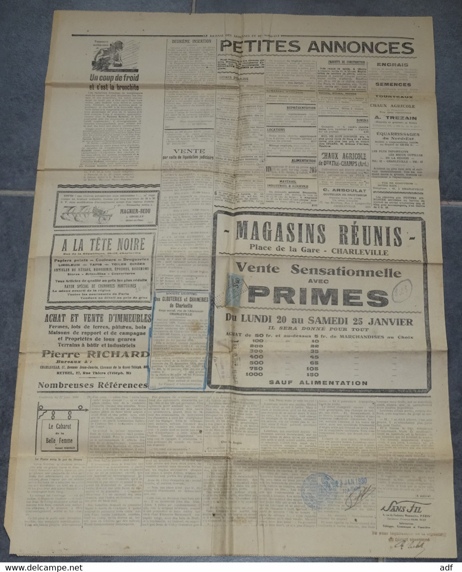 " LE JOURNAL DES ARDENNES " N° 3355, GRAND QUOTIDIEN REPUBLICAIN REGIONAL 22 JANVIER 1930