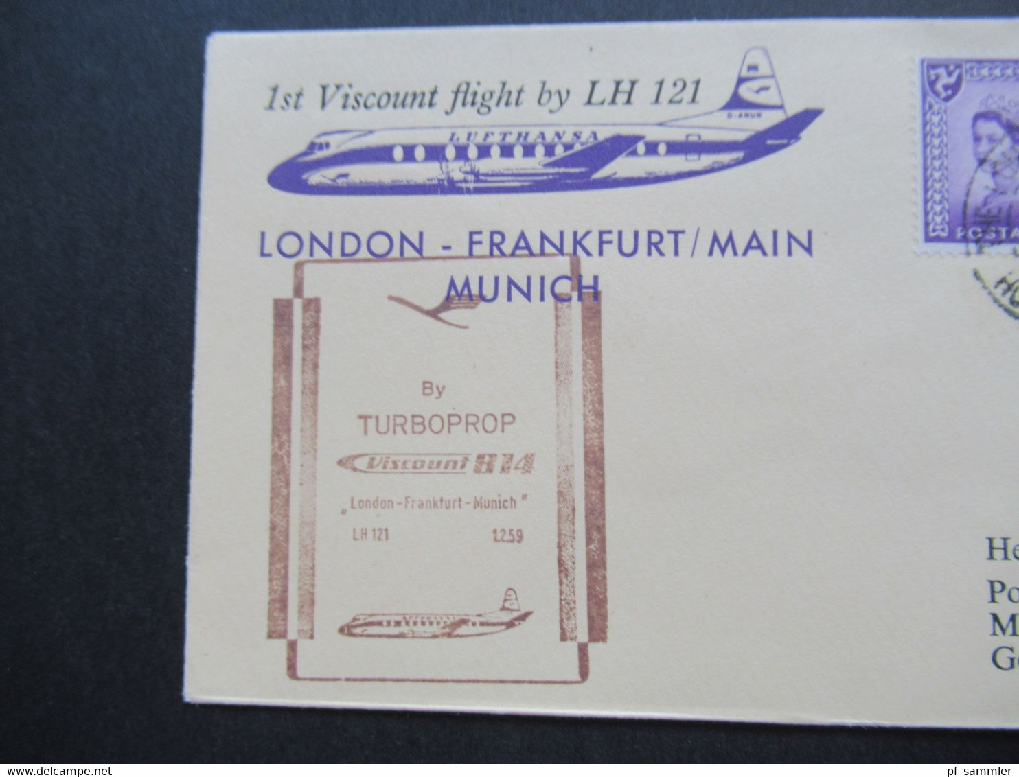 GB 1.2.1959 1st. Viscount Flight By LH 121 / Lufthansa London - Frankfurt / Main - München By Turboprop B 14 - Covers & Documents