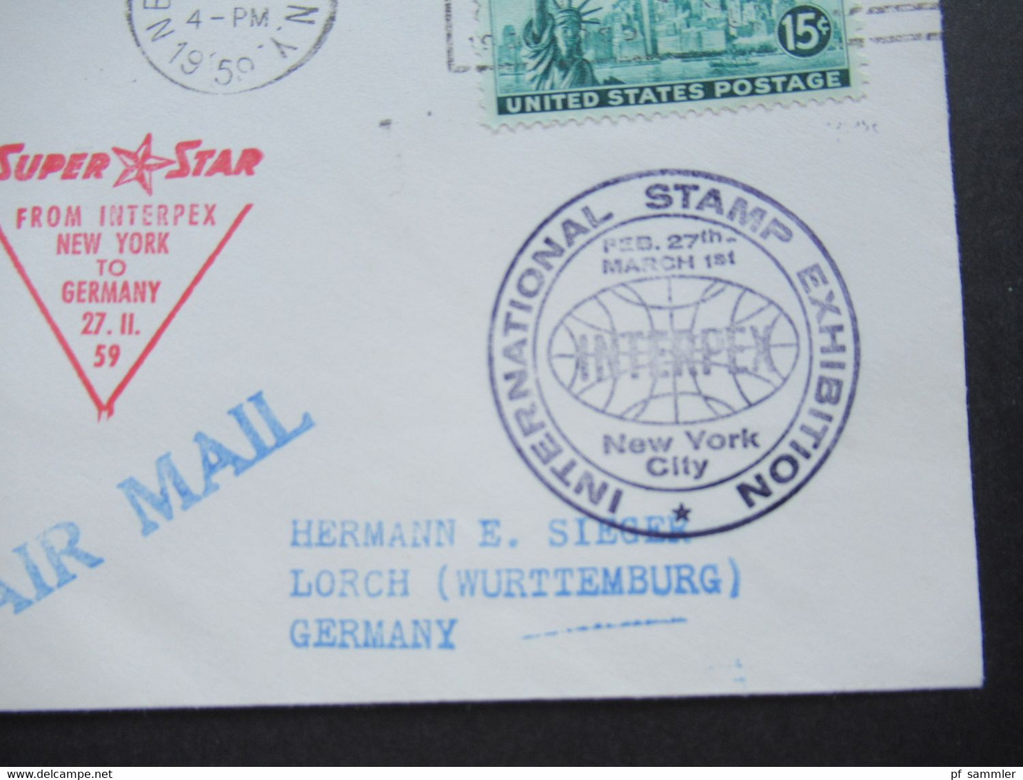 USA Lufthansa Sonderflug Interpex 1959 Super Star From Interpex New York - Germany 27.2.1959 Sieger Nr. 244 - Storia Postale