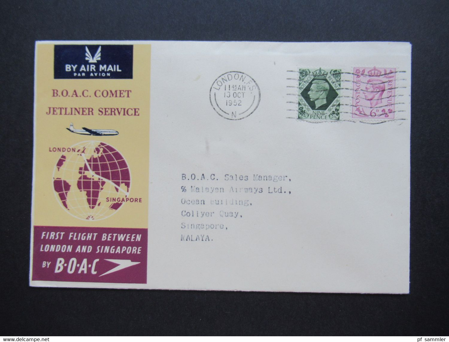 GB 1952 First Flight Between London And Singapore By BOAC Comet Jetliner Service Mit Ank. Stempel - Storia Postale
