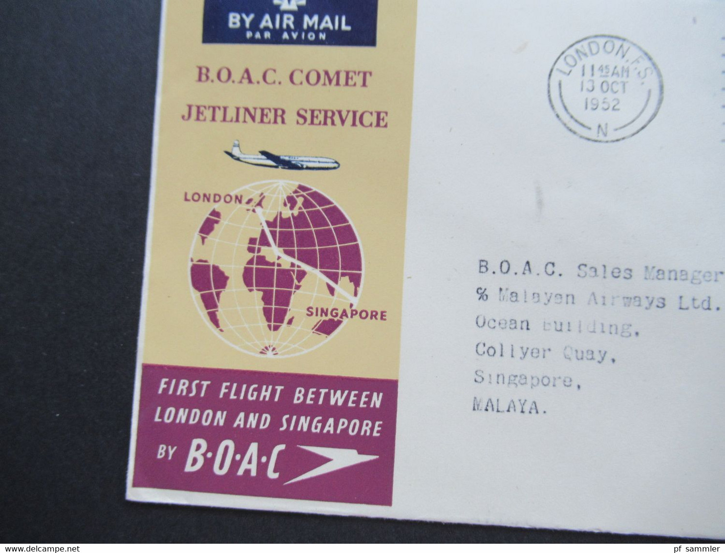 GB 1952 First Flight Between London And Singapore By BOAC Comet Jetliner Service Mit Ank. Stempel - Storia Postale