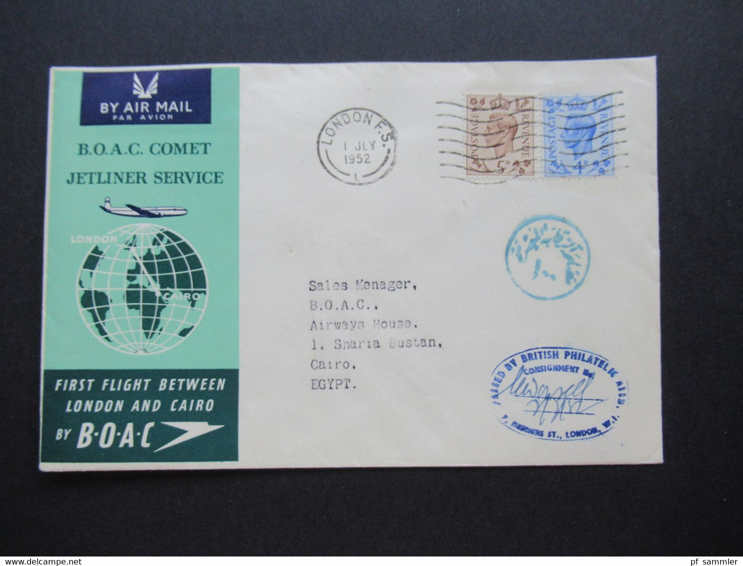 GB 1952 First Flight Between London And Cairo By BOAC Comet Jetliner Service Mit Ank. Stempel Und Unterschrift - Storia Postale