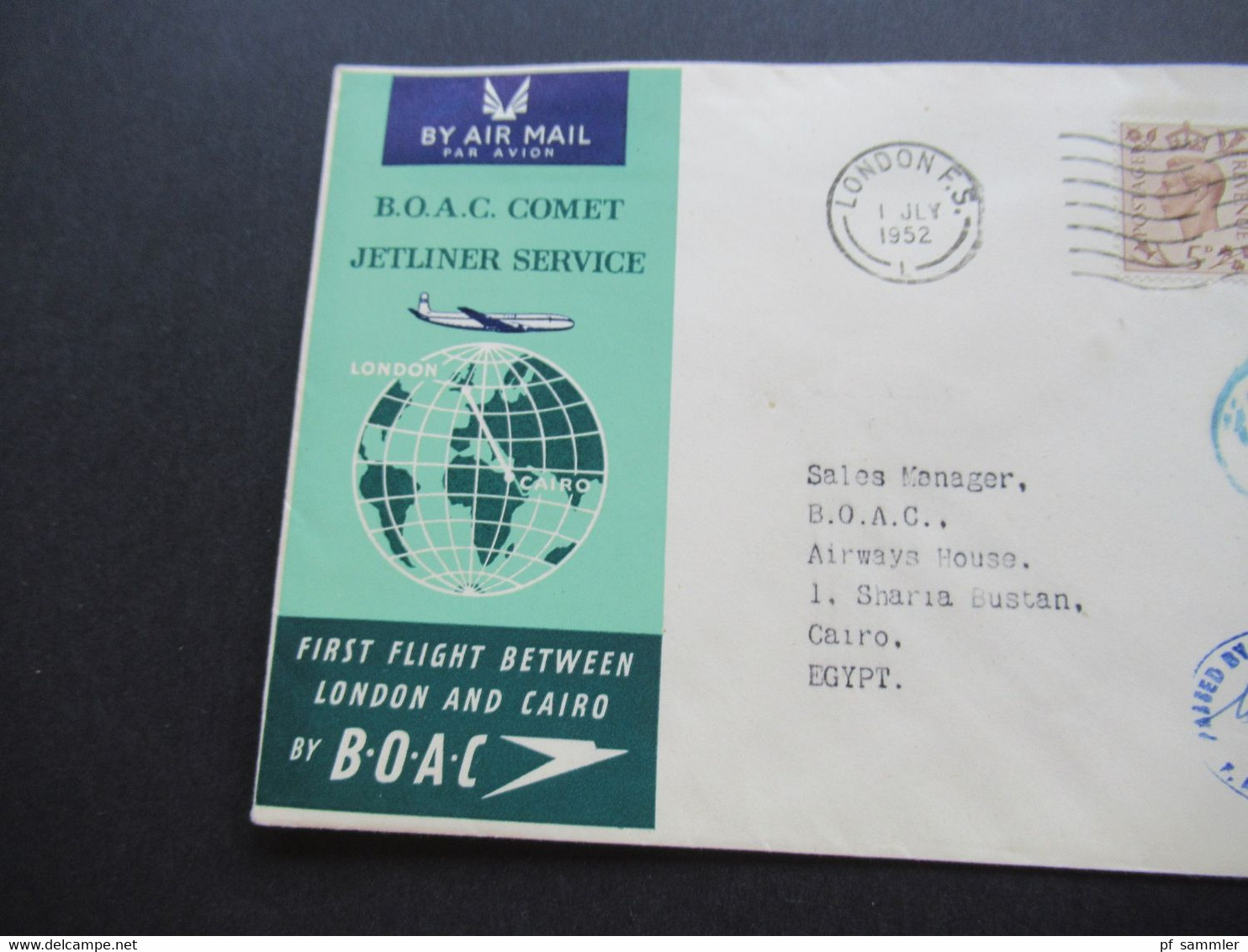 GB 1952 First Flight Between London And Cairo By BOAC Comet Jetliner Service Mit Ank. Stempel Und Unterschrift - Briefe U. Dokumente