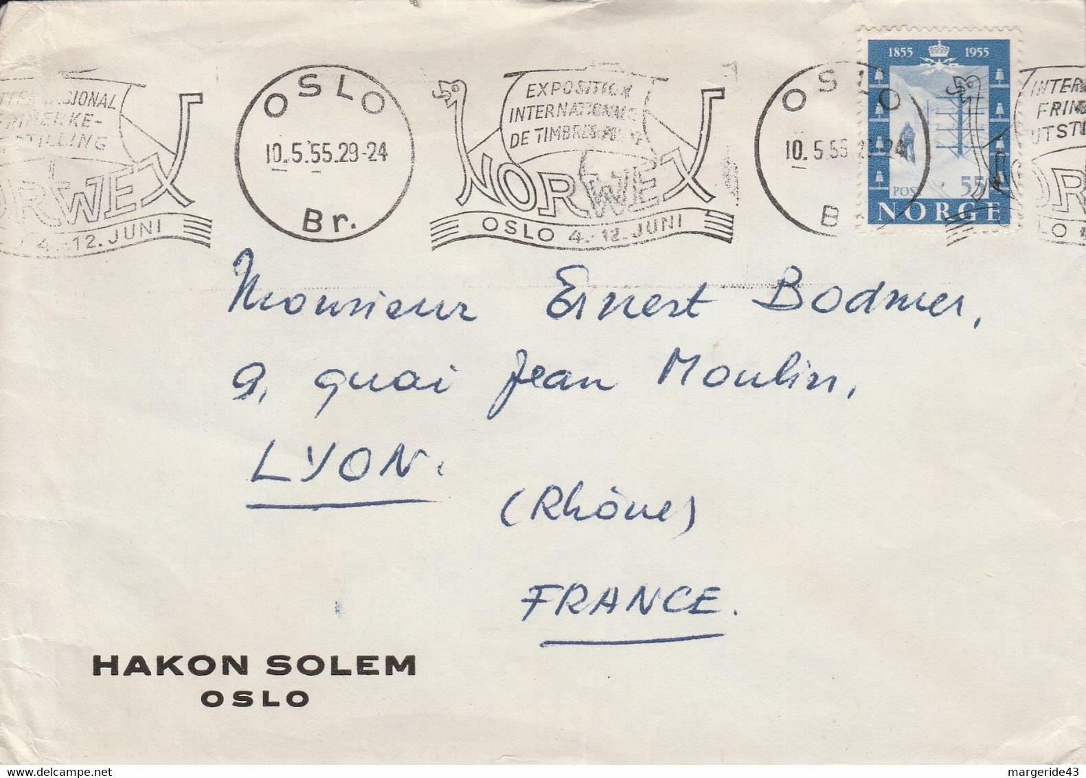 NORVEGE SEUL SUR LETTRE DE ODLO  POUR LA FRANCE 1955 - Storia Postale