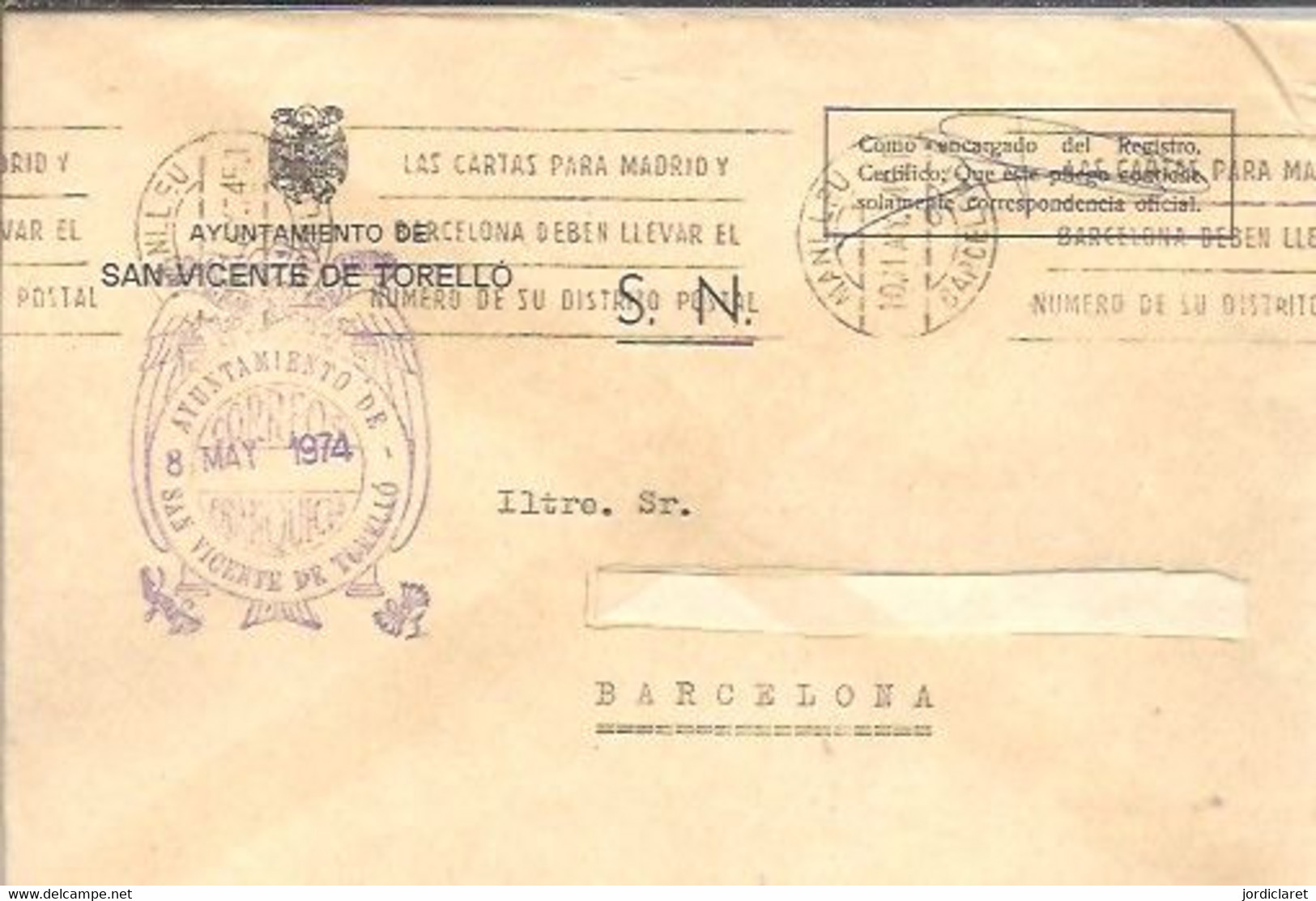 AYUNTAMIENTO  DE  SAN VIÇENS DE TORELLO  1974 - Postage Free