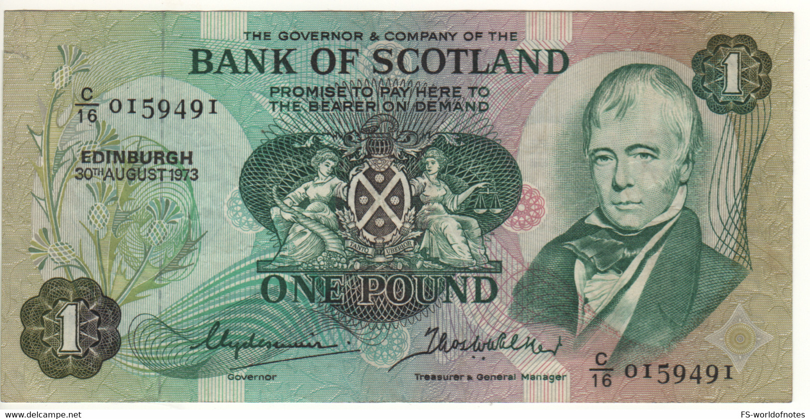 SCOTLAND  1 Pound    Bank Of Scotland  P111a   Dated 10th August, 1970  (Sir. Walter Scott+sailing Ship On Back) - 1 Pound