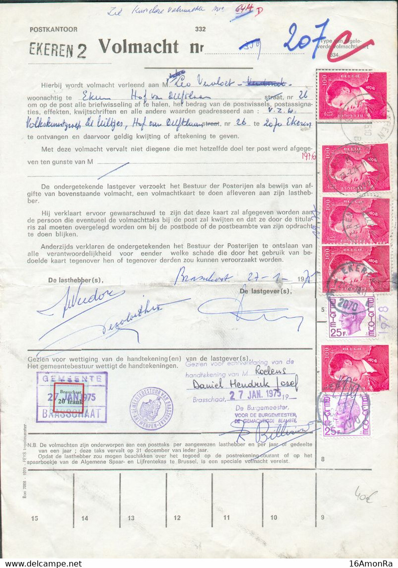 PROCURATION VOLMACHT Affranchissement à 550Frs. Du Bureau D'EKEREN 1 Le 27 Janvier 1975, Obl. Sc EKEREN Du 11-1-1975 Au - 1970-1980 Elström