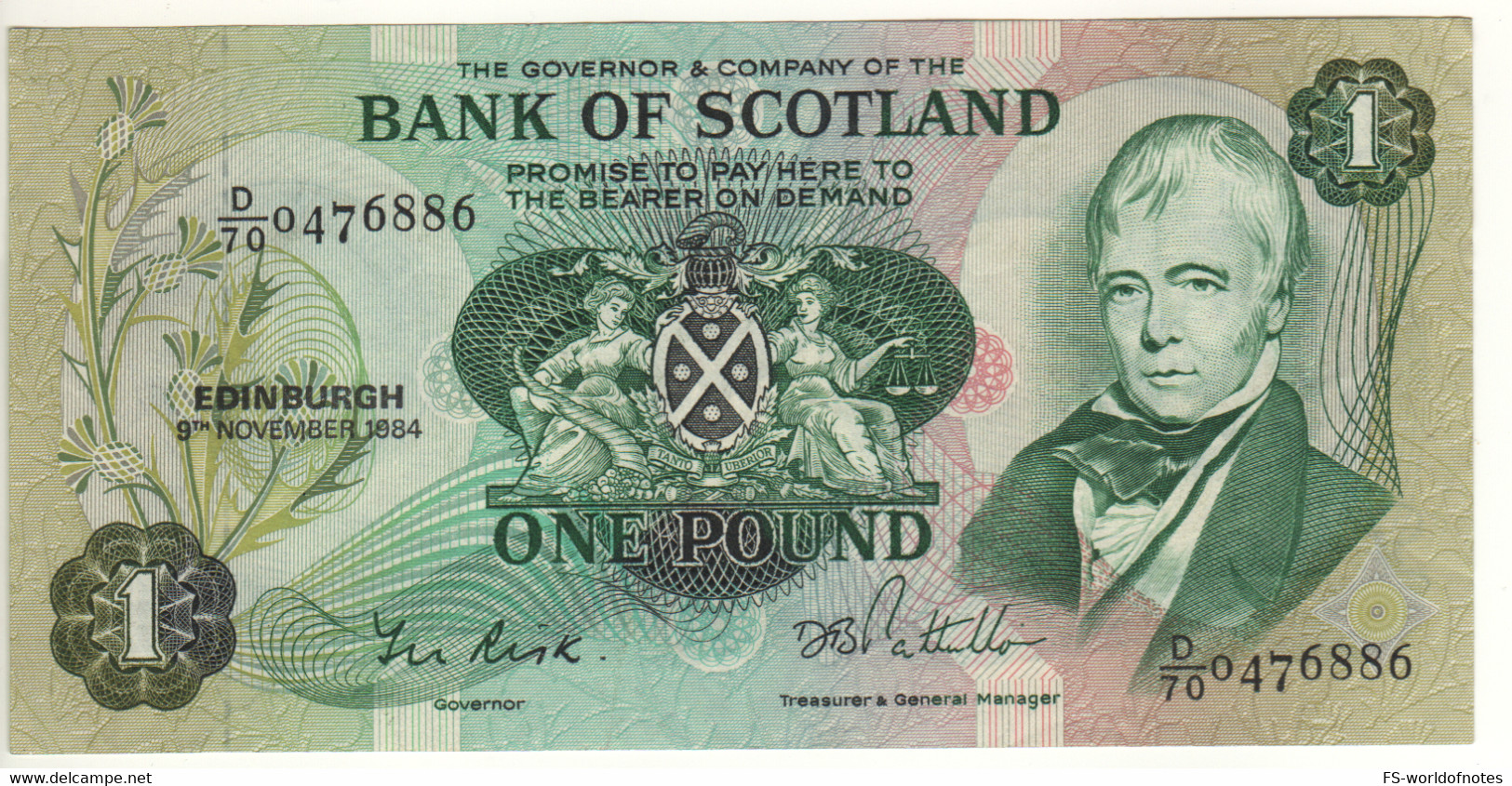 SCOTLAND  1 Pound    Bank Of Scotland  P111f   Dated 9th November, 1984  (Sir. Walter Scott+sailing Ship On Back) - 1 Pound